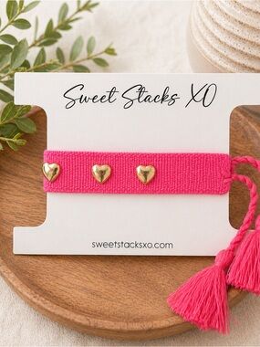 Boho Hot Pink Hearts of Love Woven Friendship Bracelets